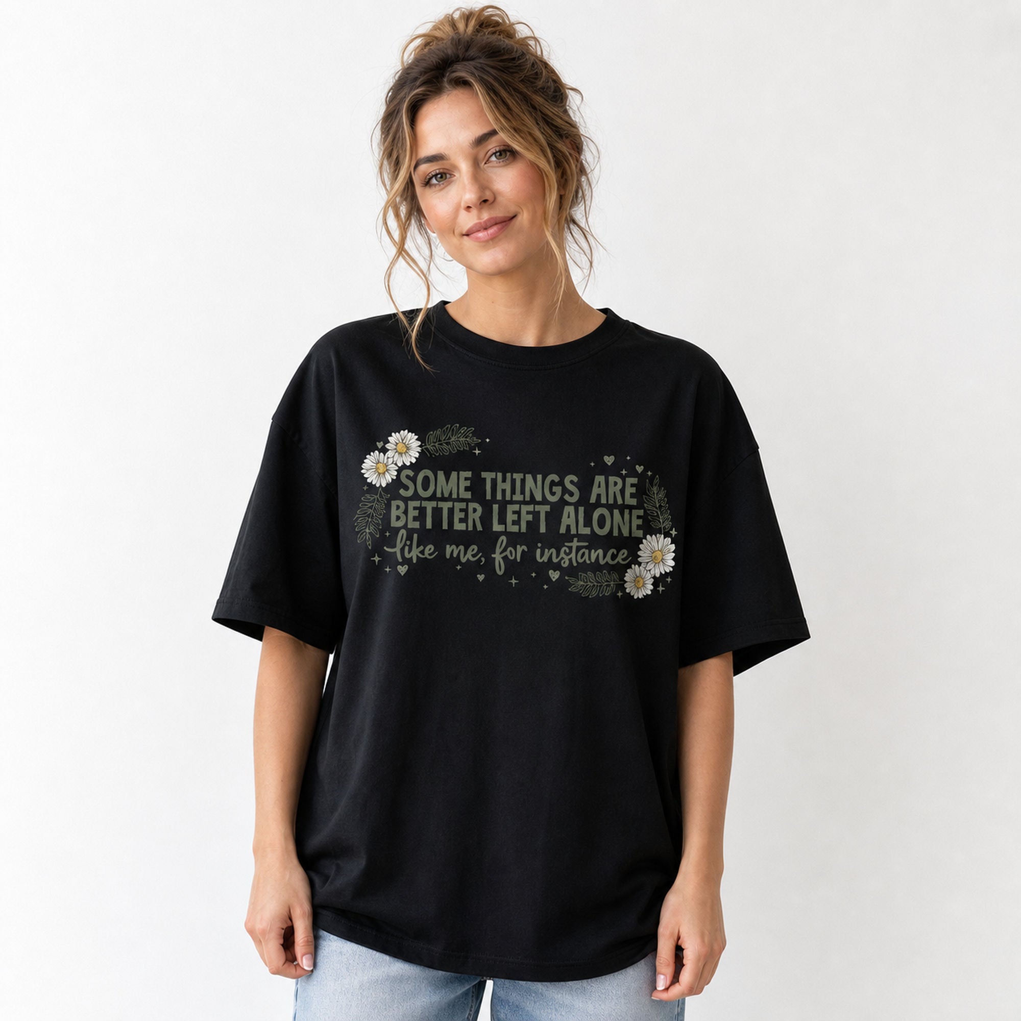 Some Things Are Better Left Alone funny introvert graphic tee black front print female model