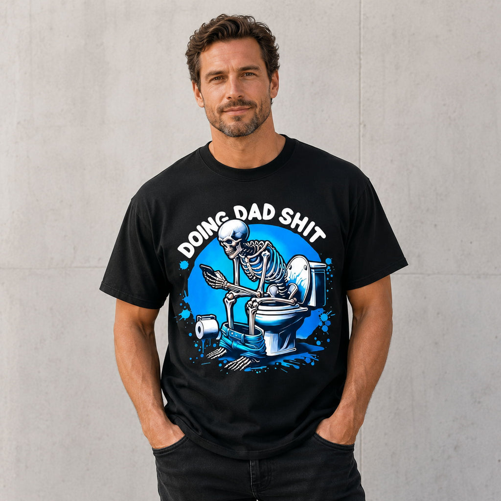 Dad Duty Skeleton Bathroom Break funny dad graphic tee black front print male model