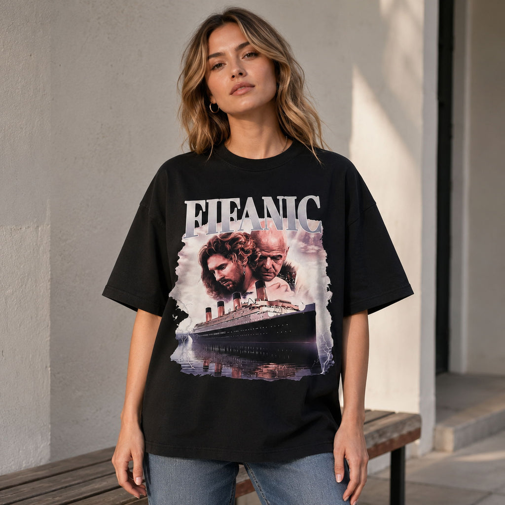 FIEANIC cinematic ocean liner black graphic tee front print female model