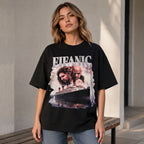FIEANIC cinematic ocean liner black graphic tee front print female model