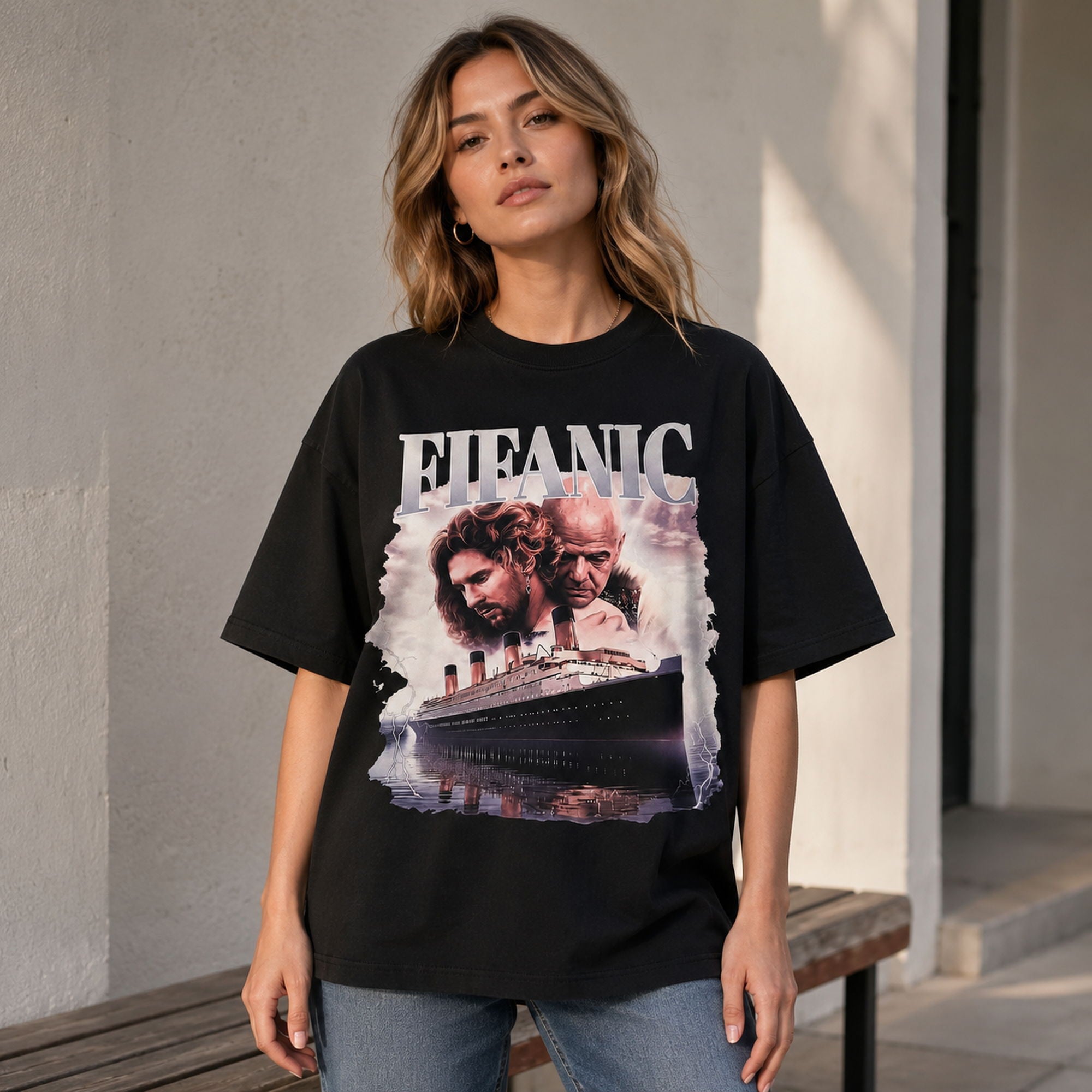 FIEANIC cinematic ocean liner black graphic tee front print female model