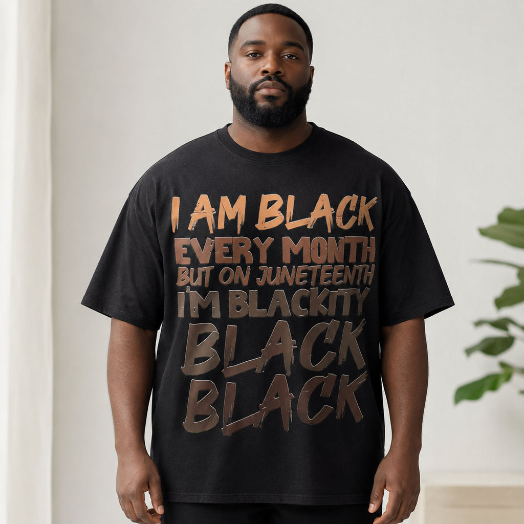 I Am Black Every Month Juneteenth graphic tee black front print lifestyle model