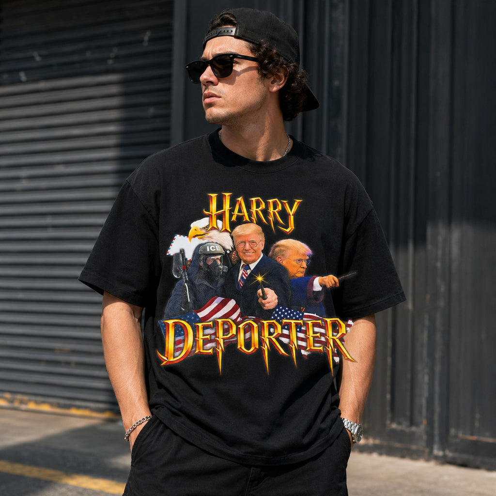 Harry Deporter political parody graphic tee black front print male model