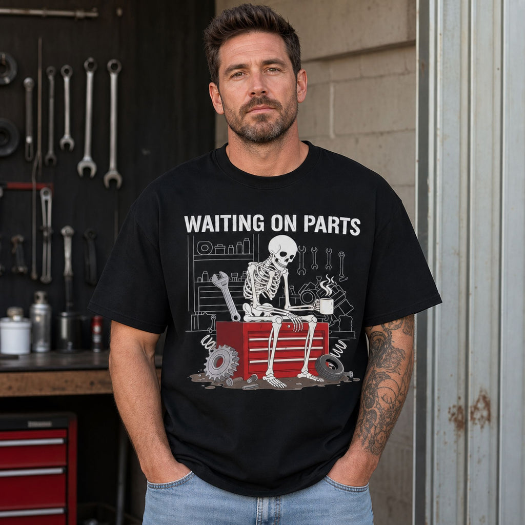 Waiting On Parts mechanic skeleton graphic tee black front male garage model
