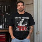 Waiting On Parts mechanic skeleton graphic tee black front male garage model