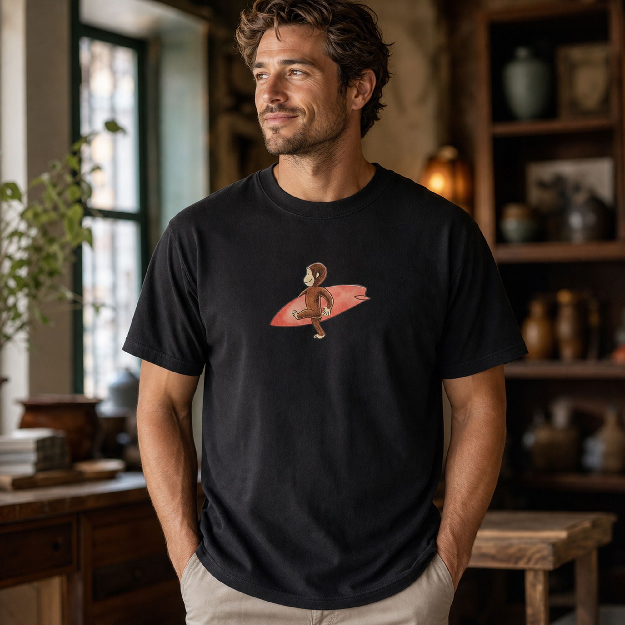 Surfing Monkey funny graphic tee black front model