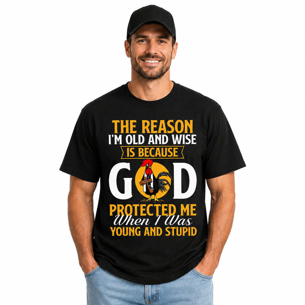 God protected me old and wise funny faith graphic tee black front male model