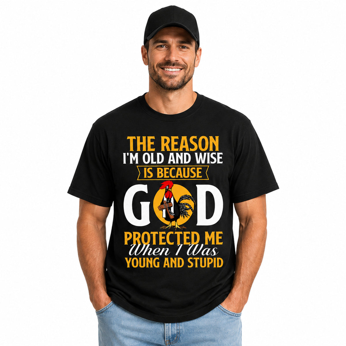 God protected me old and wise funny faith graphic tee black front male model