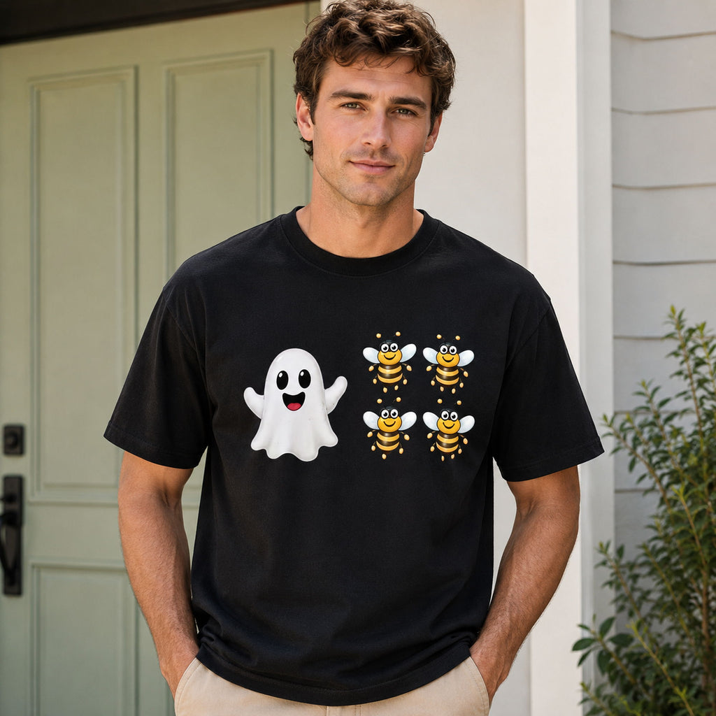 Boo Bees cute ghost and bees Halloween graphic tee black front male model
