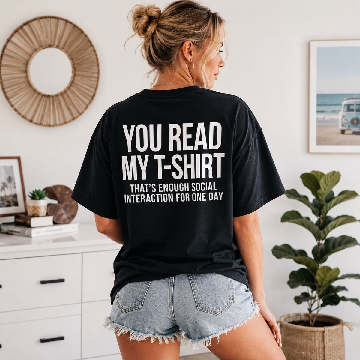 You Read My T-Shirt introvert humor black tee back print indoor female model