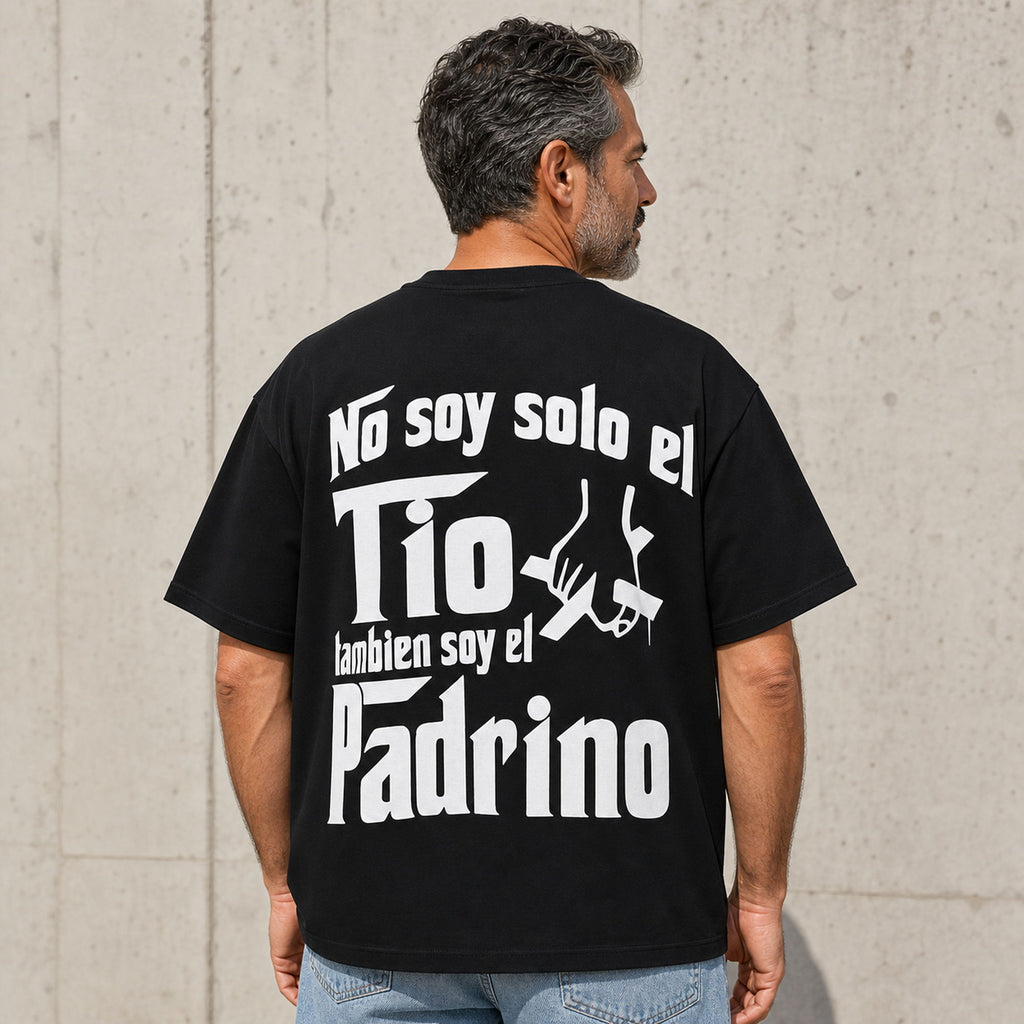 Padrino Pride Spanish graphic tee black oversized back print middle-aged male model