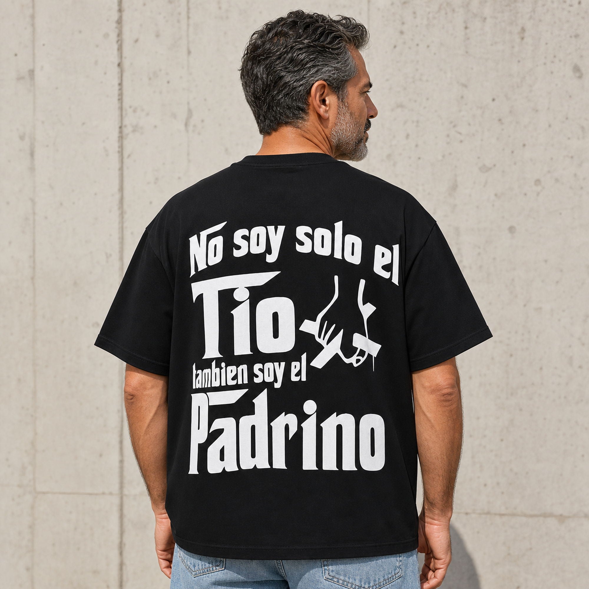 Padrino Pride Spanish graphic tee black oversized back print middle-aged male model