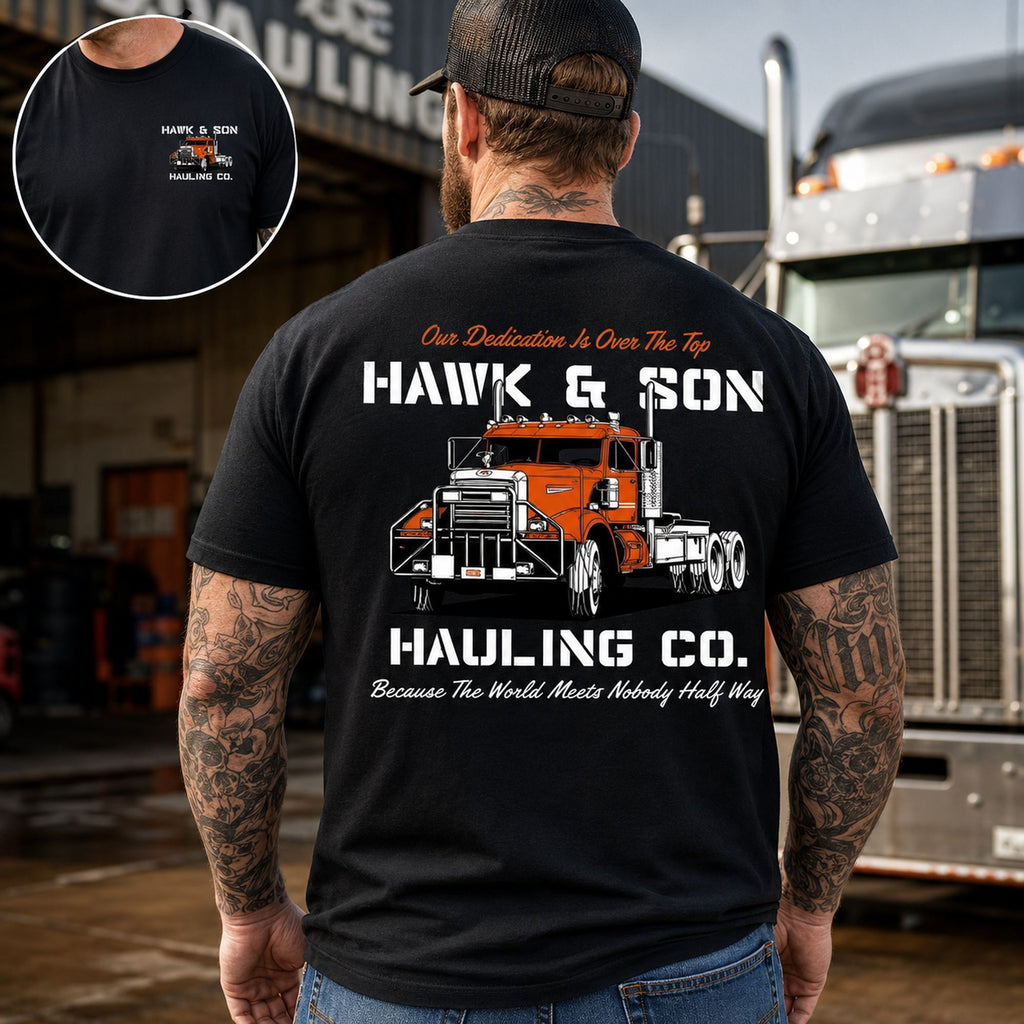 Hawk & Son Hauling Co trucker graphic tee black back print model