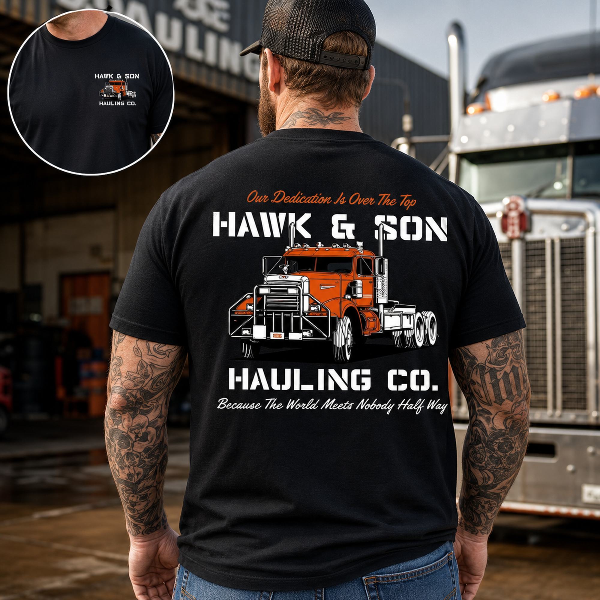 Hawk & Son Hauling Co trucker graphic tee black back print model