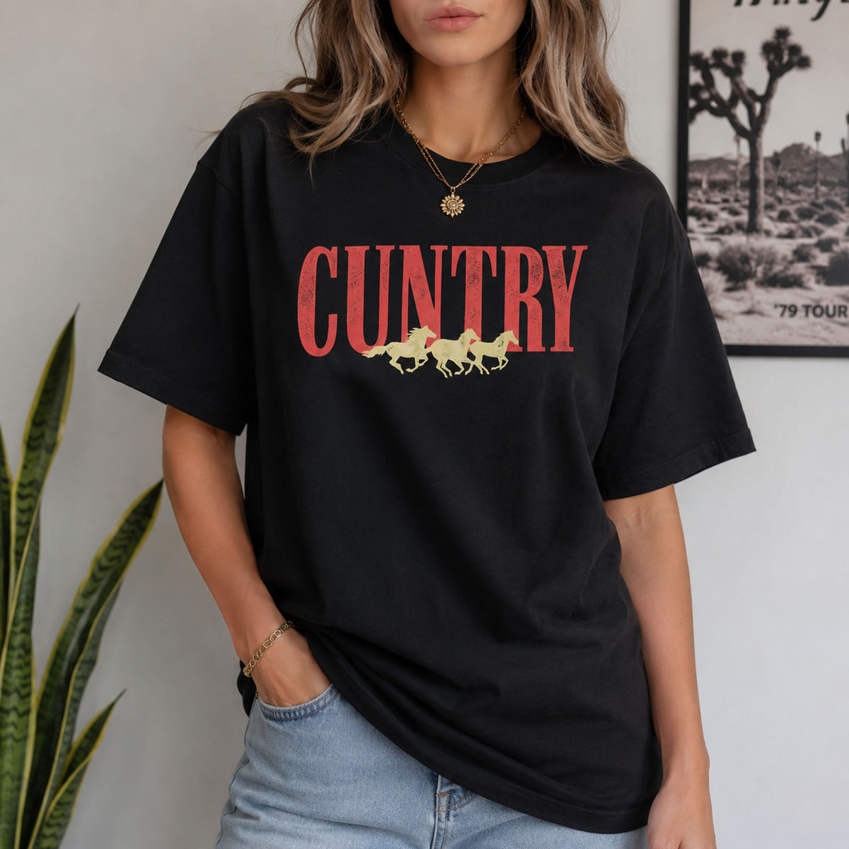 Cuntry horses vintage western graphic tee black front desert room lifestyle female model