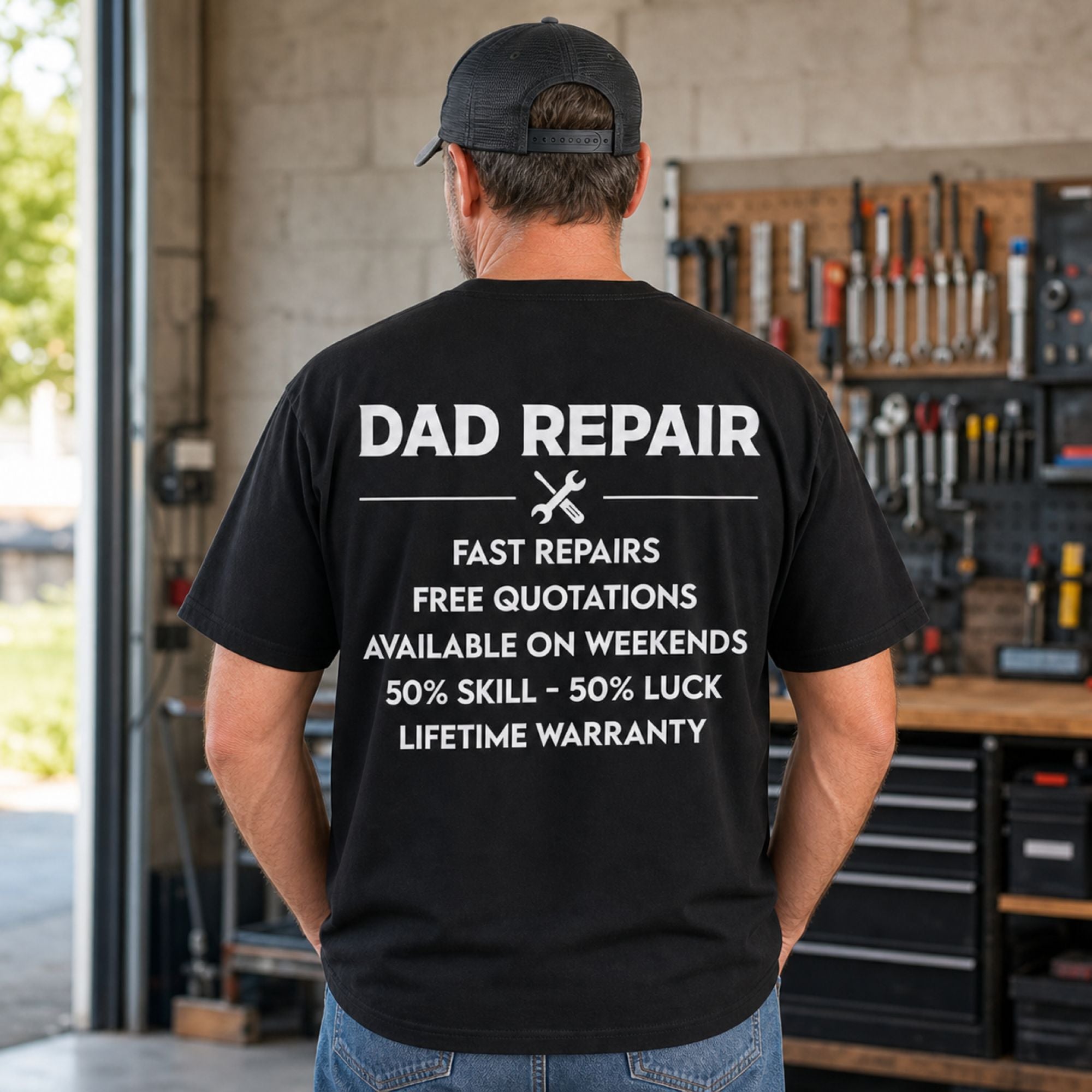 Dad Repair Service funny dad graphic tee black back model