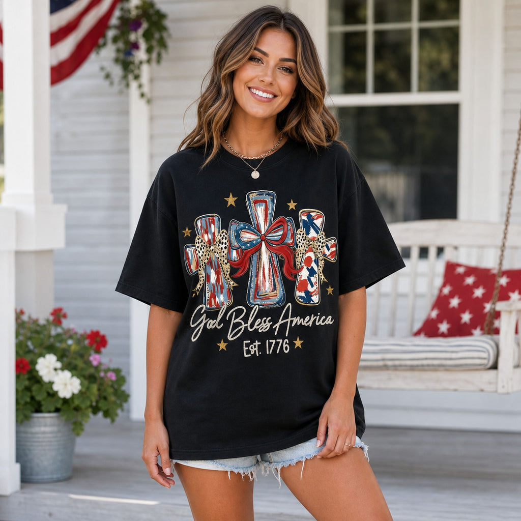 God Bless America EST. 1776 Patriotic Graphic Tee front print product photo 01 | Diya Glow