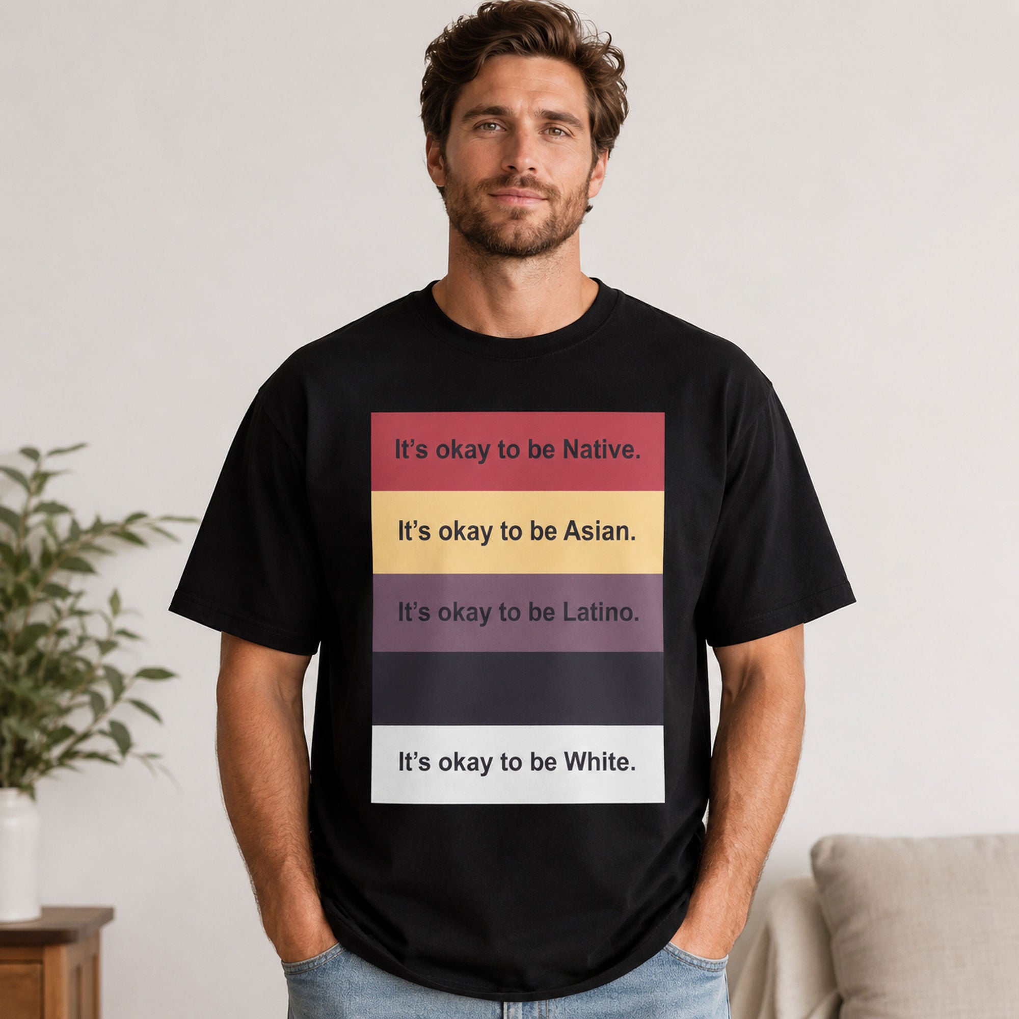 It's Okay To Be Inclusive statement graphic tee black front print model