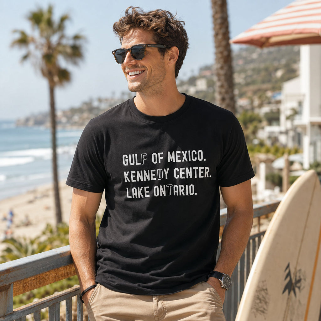 Gulf of Mexico Kennedy Center Lake Ontario political satire black graphic tee beach lifestyle model