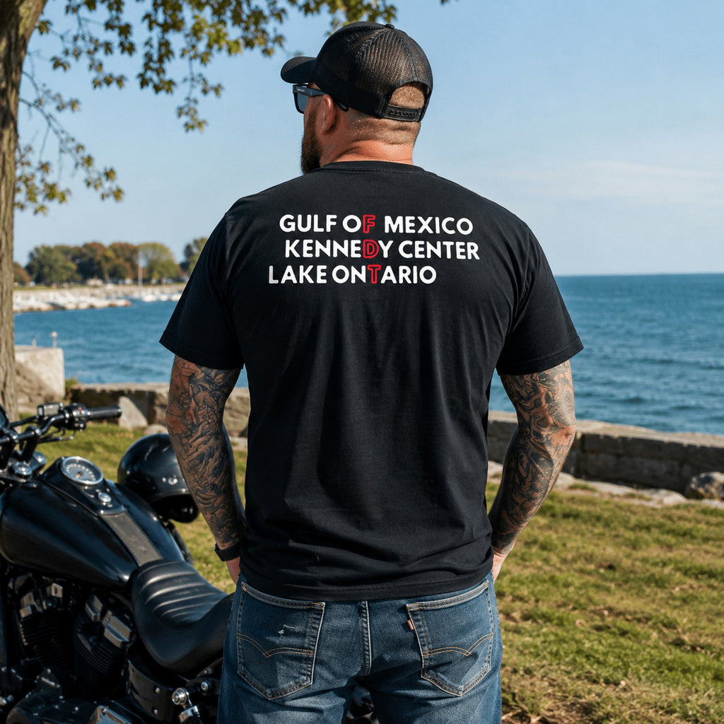 Gulf of Mexico Kennedy Center Lake Ontario FDT black back-print graphic tee waterfront motorcycle model