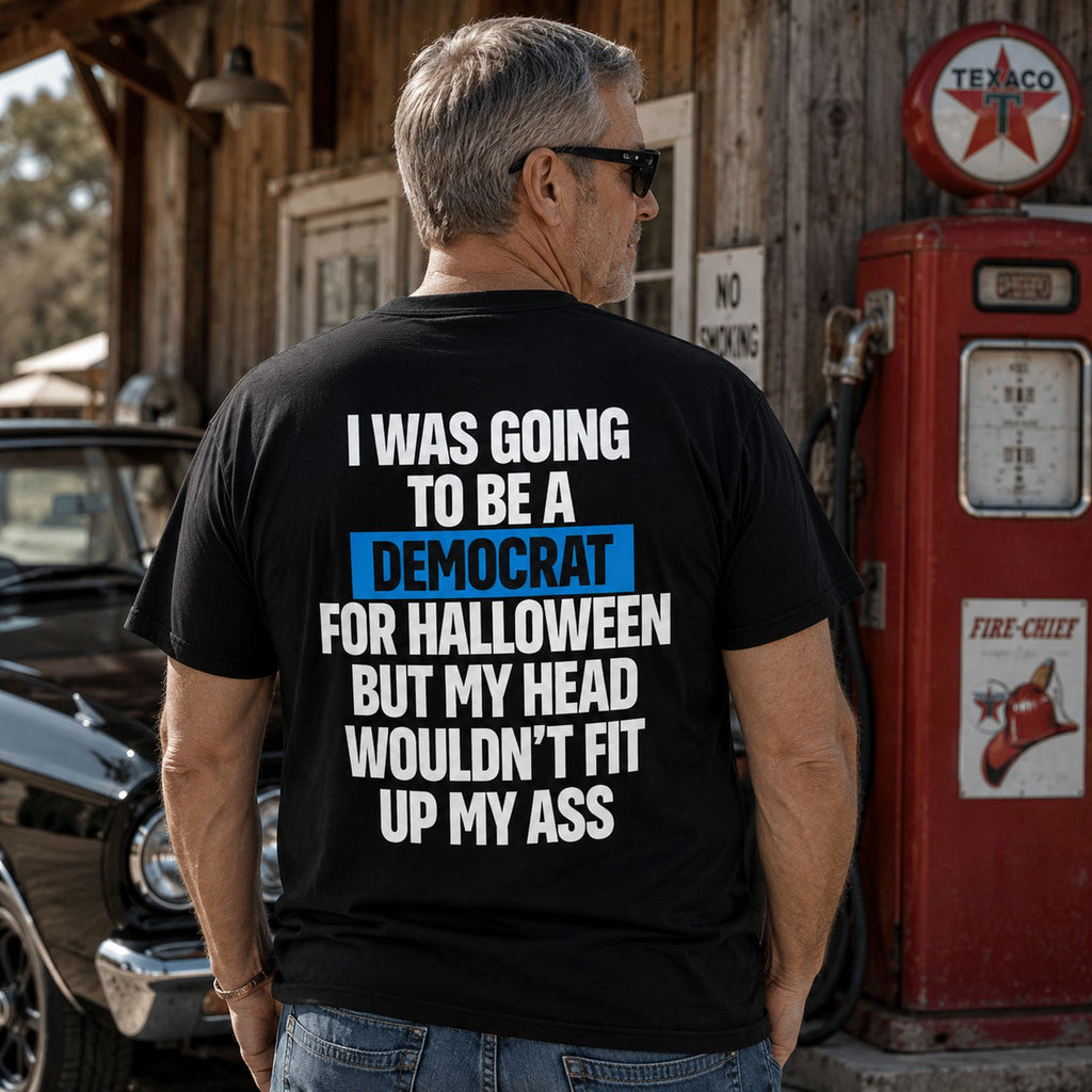I Was Going to Be a Democrat political satire black graphic tee back view on an older male model