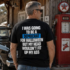 I Was Going to Be a Democrat political satire black graphic tee back view on an older male model