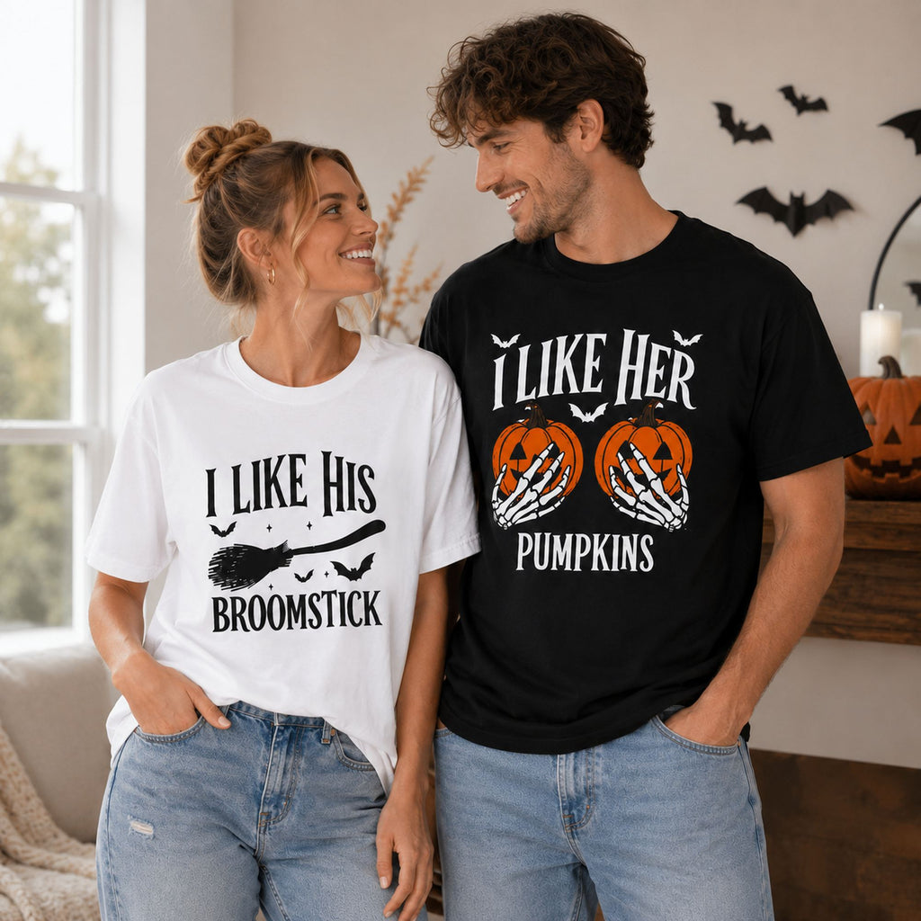 I Like His Broomstick and I Like Her Pumpkins matching Halloween couple graphic tees lifestyle