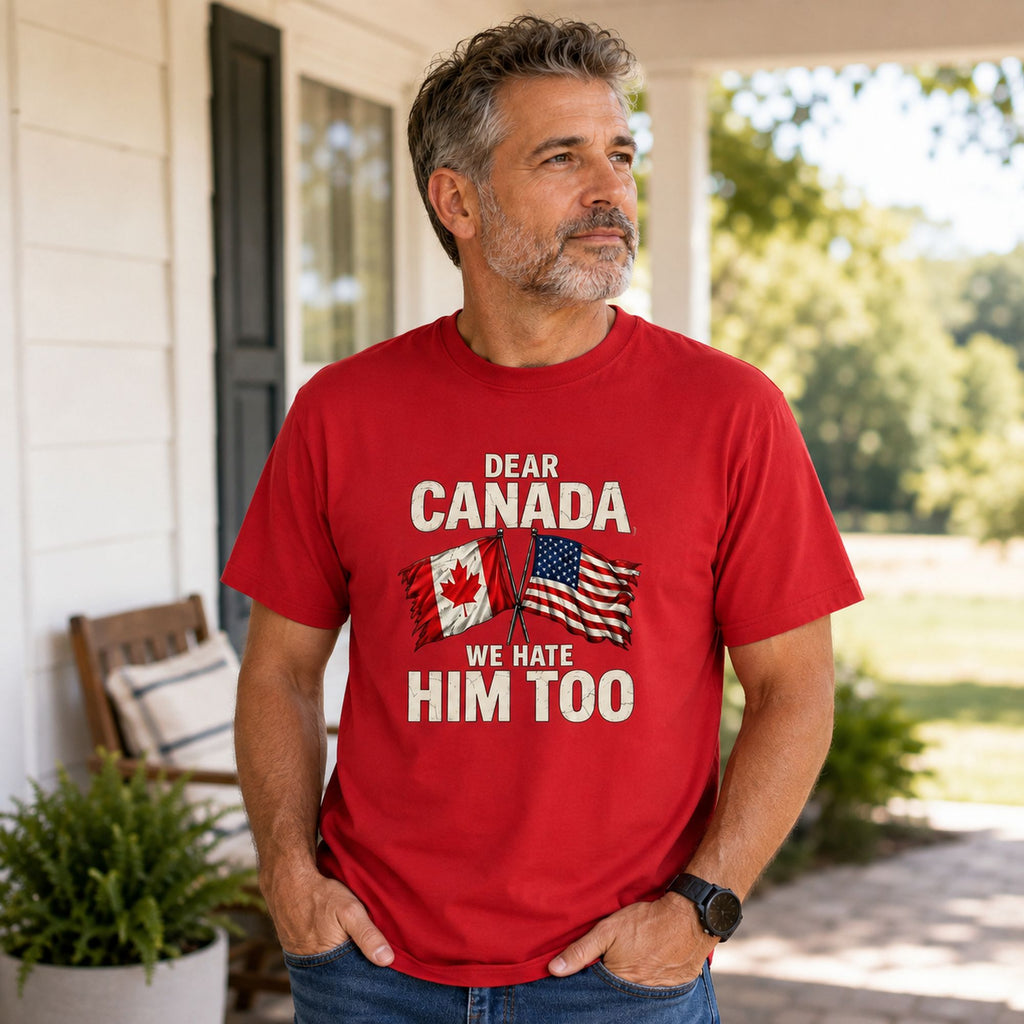 Dear Canada We Hate Him Too political graphic tee red front male porch lifestyle