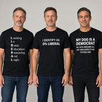 Liberal humor three-design graphic tee collection black three-model ecommerce image