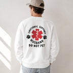 Emotional Support Husband Do Not Pet medical humor back print on white crewneck sweatshirt male model