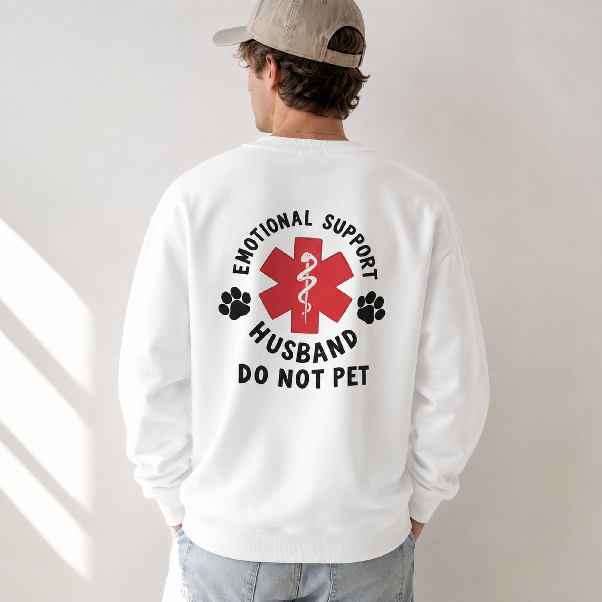 Emotional Support Husband Do Not Pet medical humor back print on white crewneck sweatshirt male model