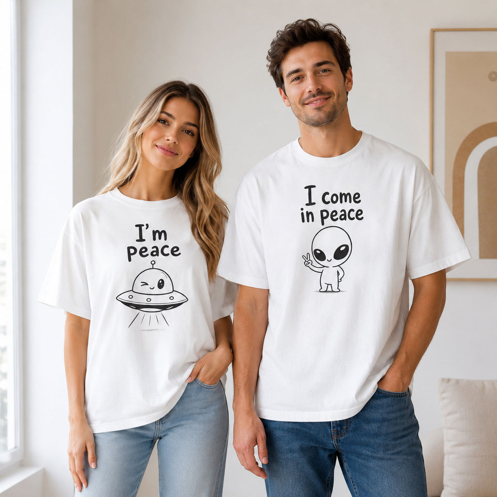 I Come In Peace matching couple alien graphic tee white front couple model