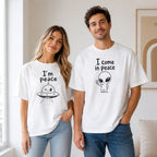 I Come In Peace matching couple alien graphic tee white front couple model