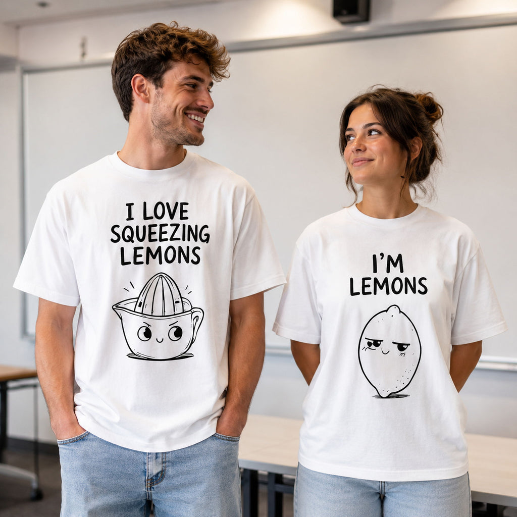 I Love Squeezing Lemons matching couple funny graphic tee white front couple model