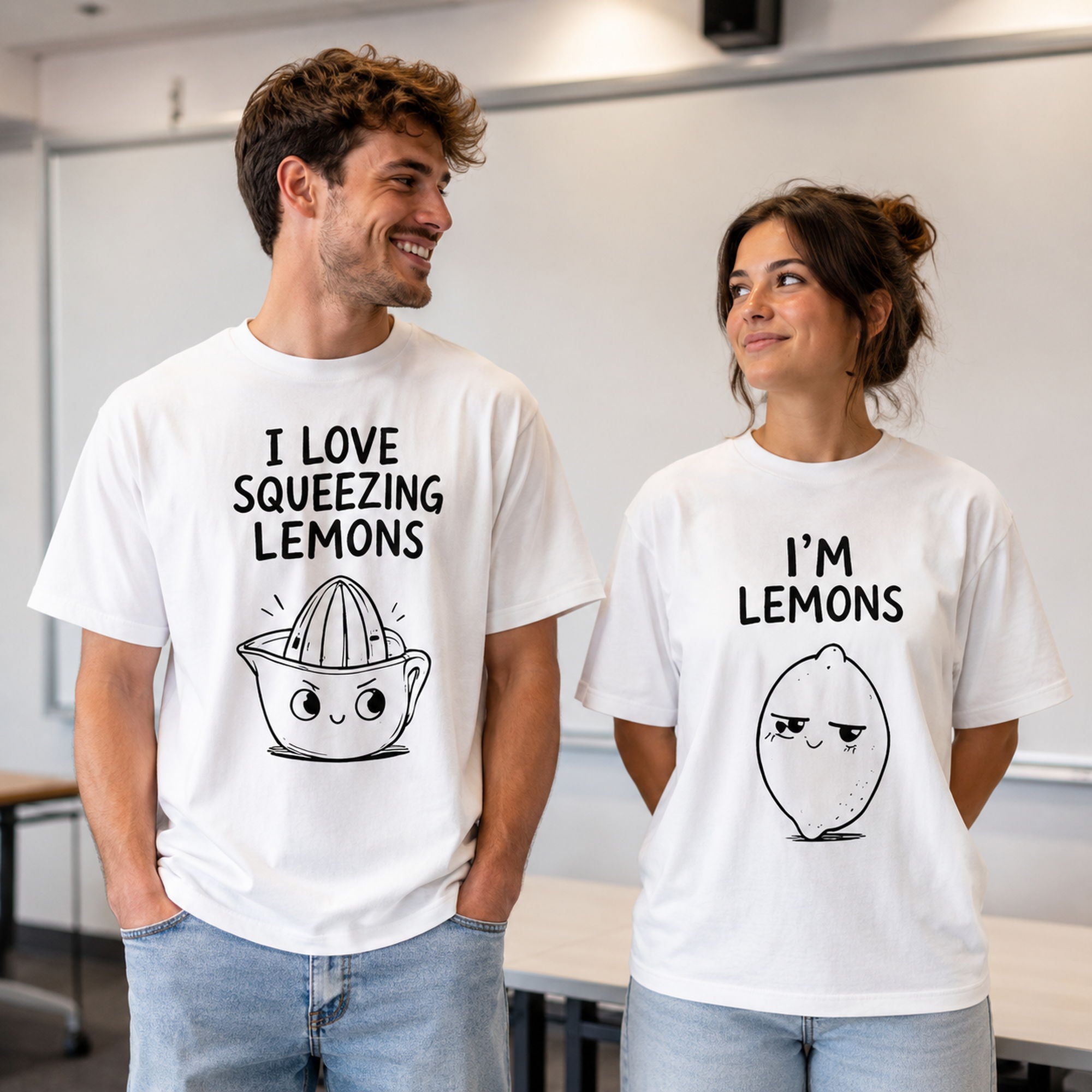 I Love Squeezing Lemons matching couple funny graphic tee white front couple model