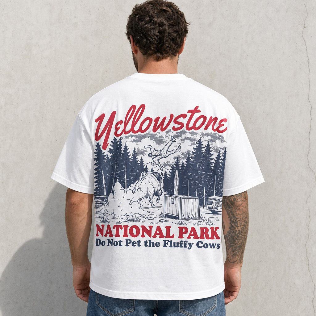 Yellowstone Fluffy Cows bison toss white graphic tee back print male model