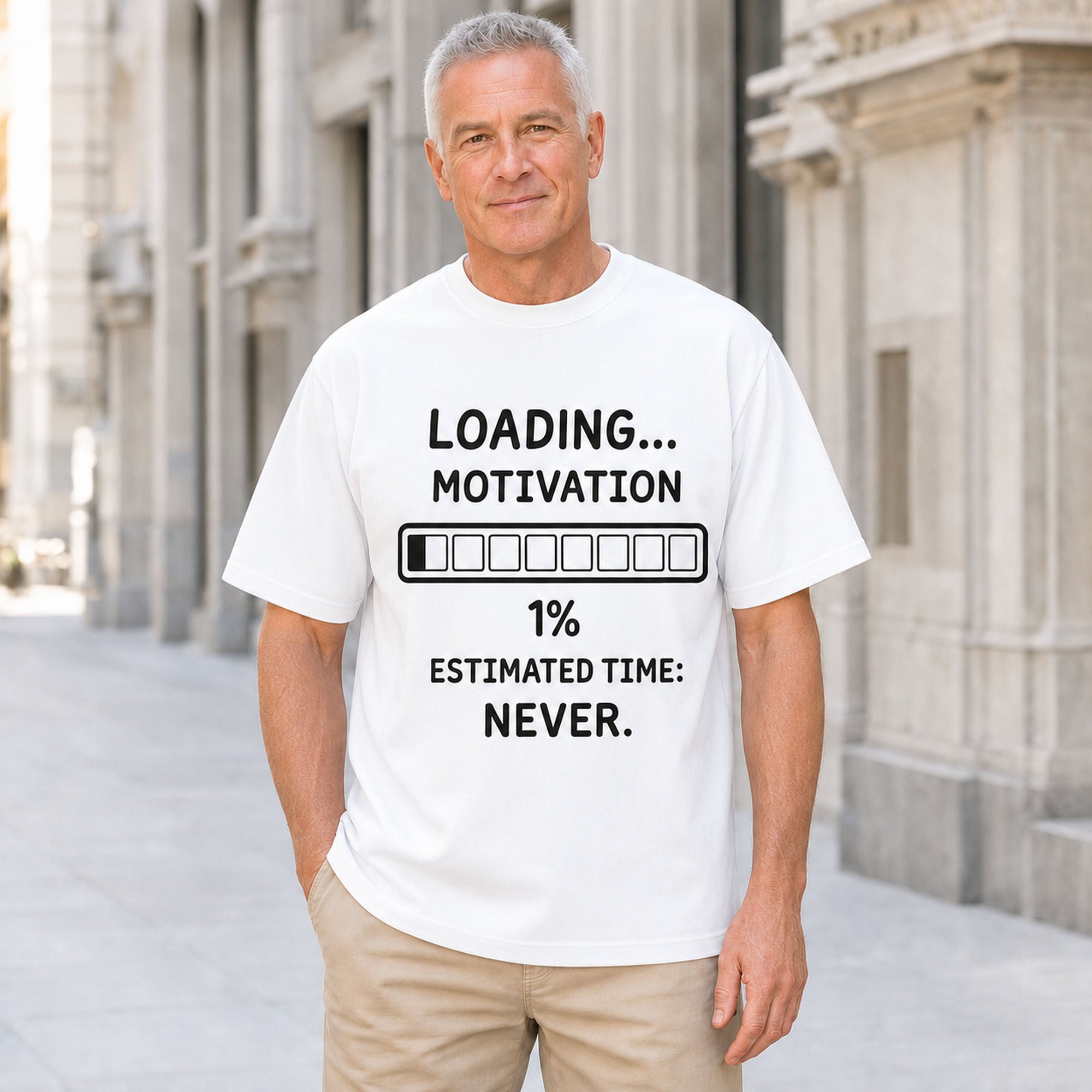 Loading Motivation Funny Graphic Tee white front lifestyle model