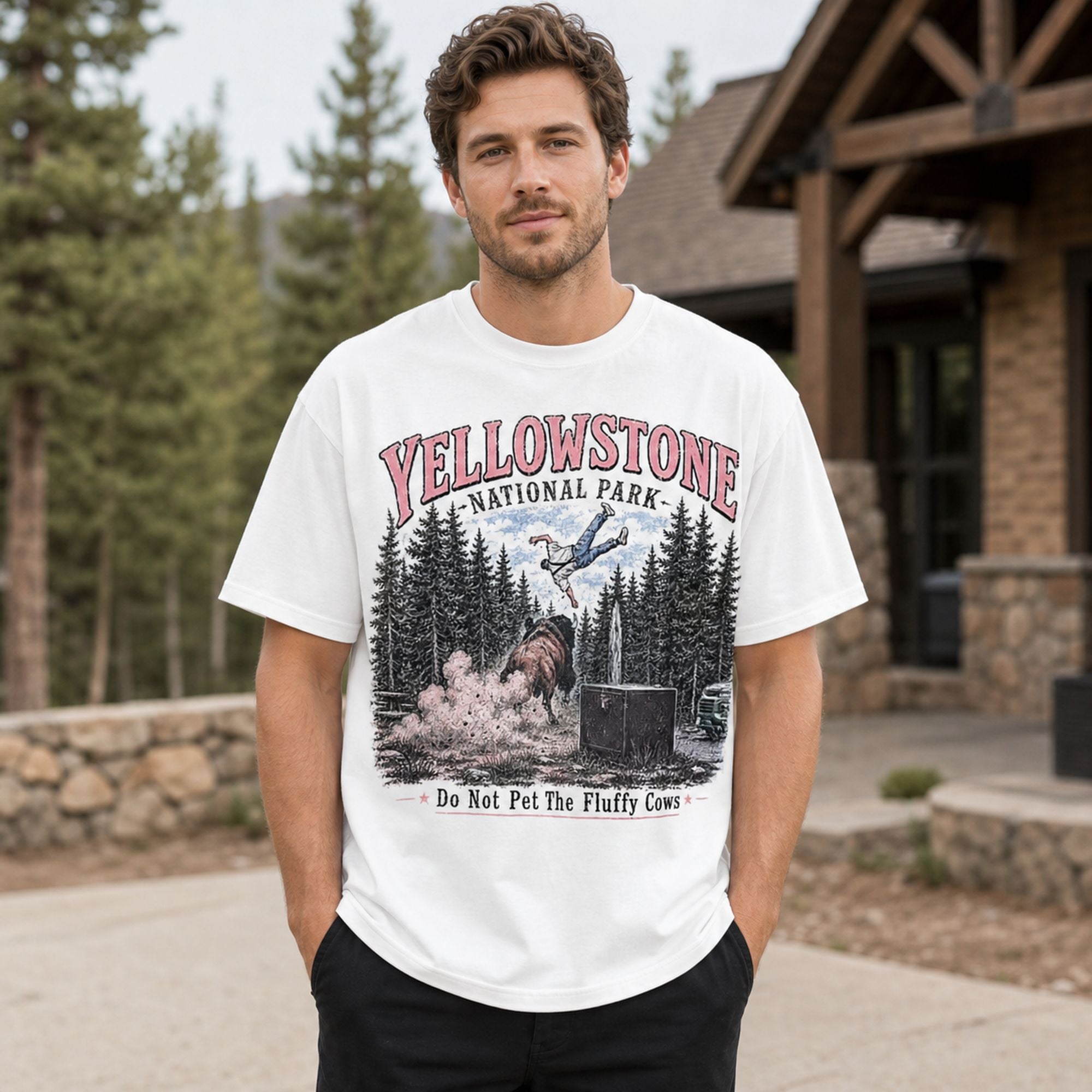 Yellowstone Do Not Pet The Fluffy Cows bison graphic tee white front male lodge model