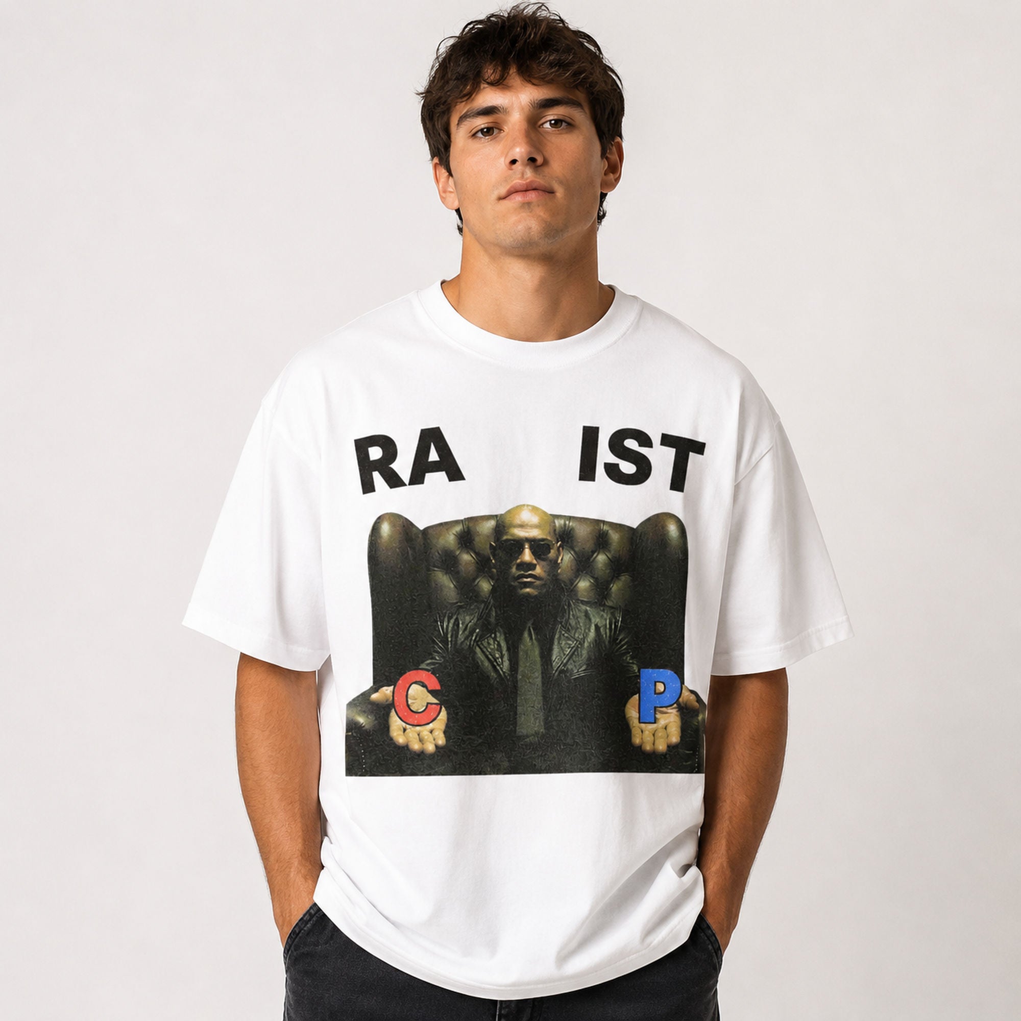 RA IST Red Blue Choice meme graphic tee white front model