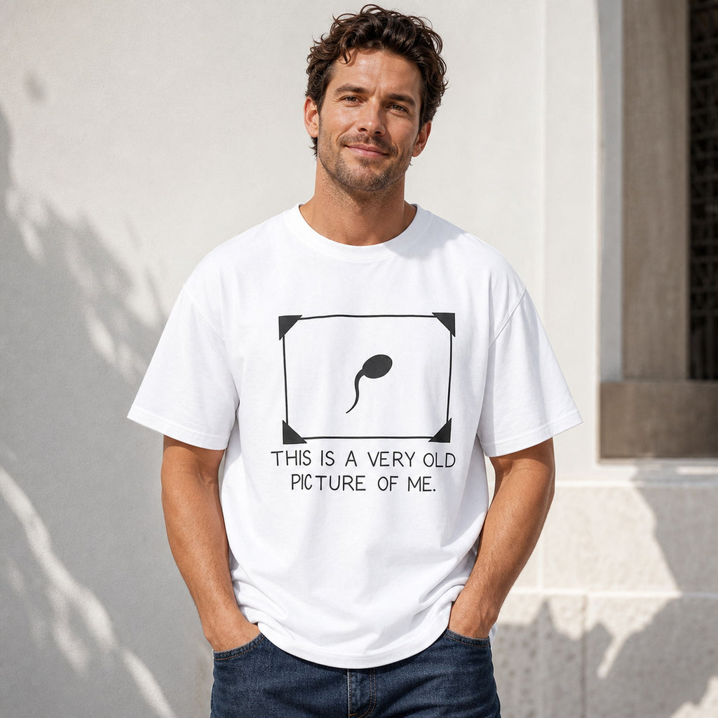 This Is a Very Old Picture of Me funny graphic tee white male model in sunlit urban setting
