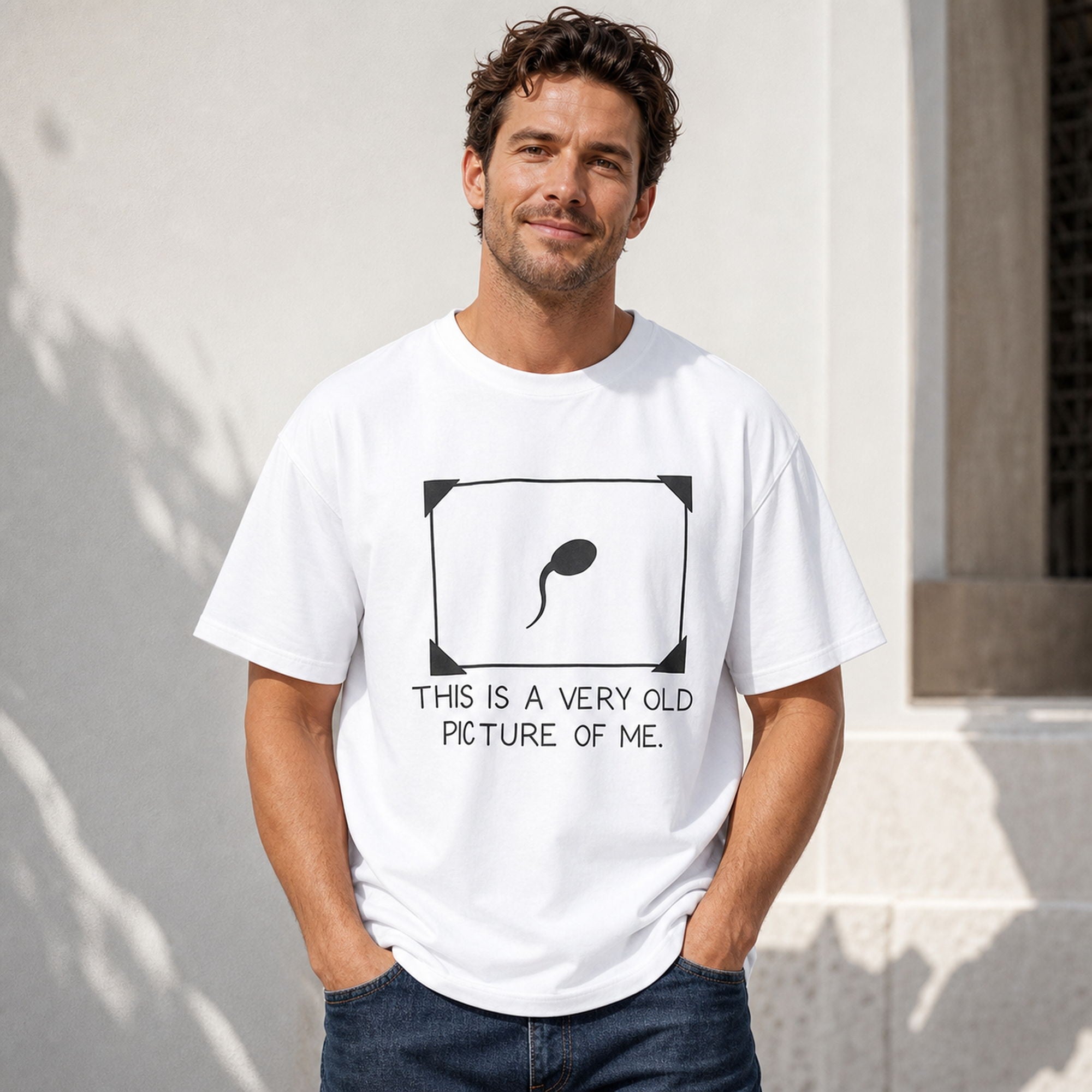 This Is a Very Old Picture of Me funny graphic tee white male model in sunlit urban setting