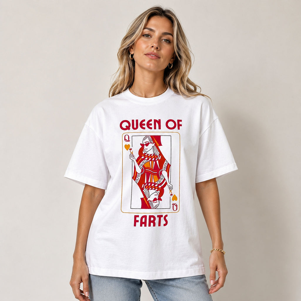Queen Of Farts playing card graphic tee white front print model