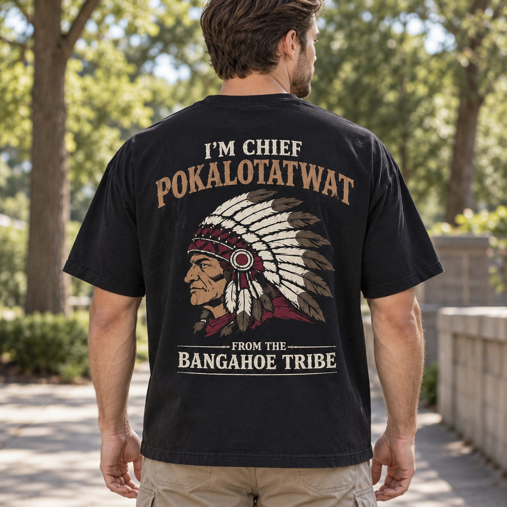 Black T-shirt back on a male model showing the Chief Pokalotatwat feathered portrait and Bangahoe Tribe wording