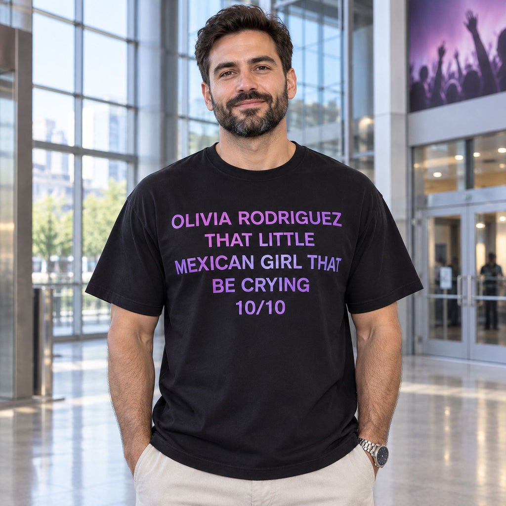 Olivia Rodriguez 10/10 purple text black T-shirt front adult model photo
