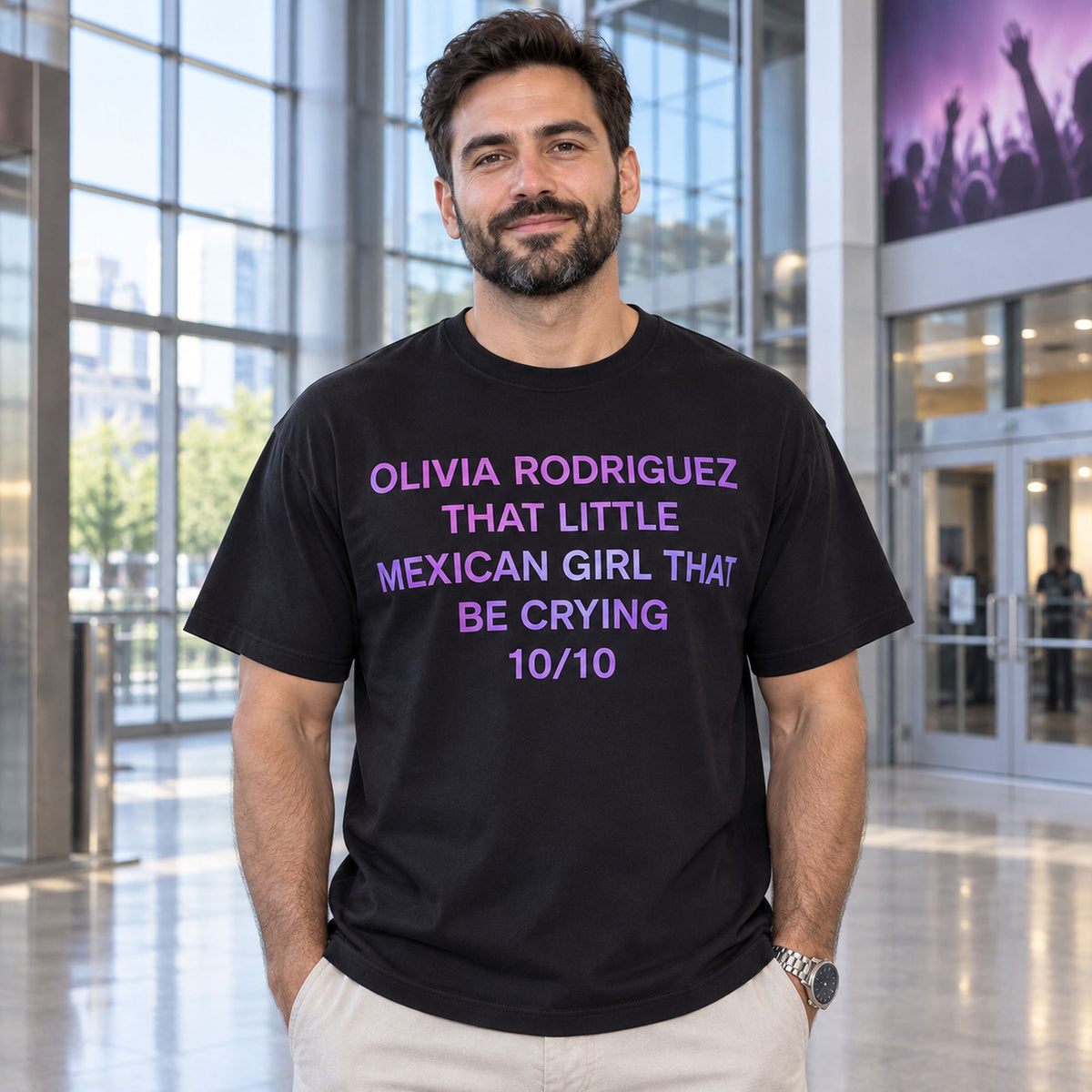 Olivia Rodriguez 10/10 purple text black T-shirt front adult model photo
