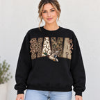 MAMA patchwork-style lettering, bows and flying mallard on black sweatshirt front, adult woman model photo