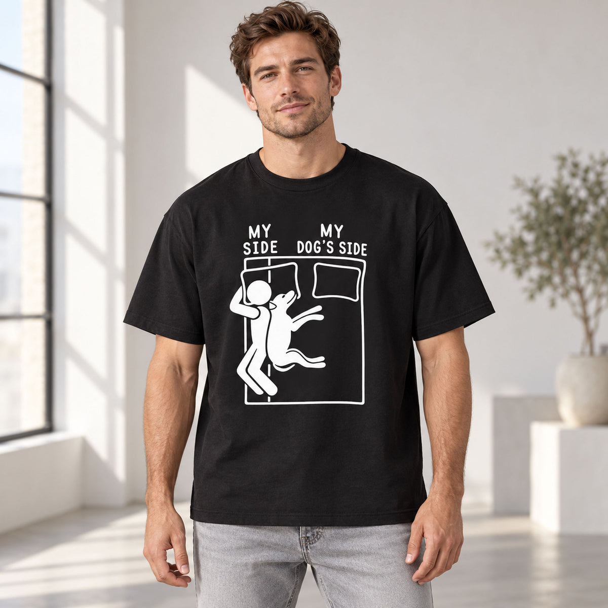 Black graphic tee front adult model with My Side My Dog's Side design