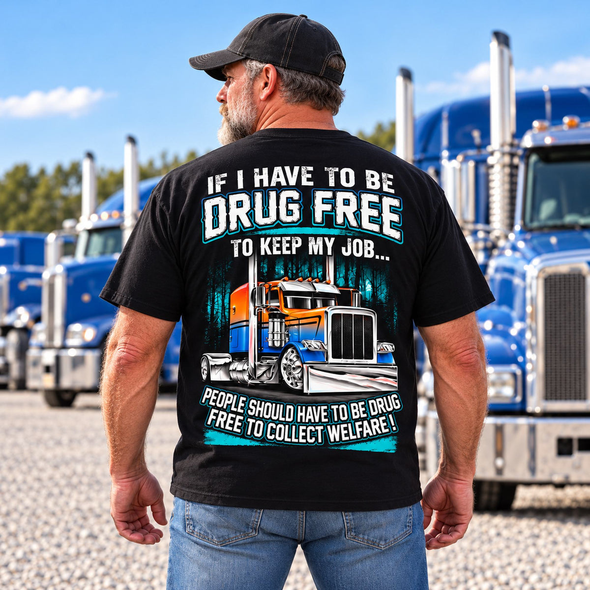 Drug Free Job welfare-policy semi-truck with turquoise accents graphic on black T-shirt back, adult model photo