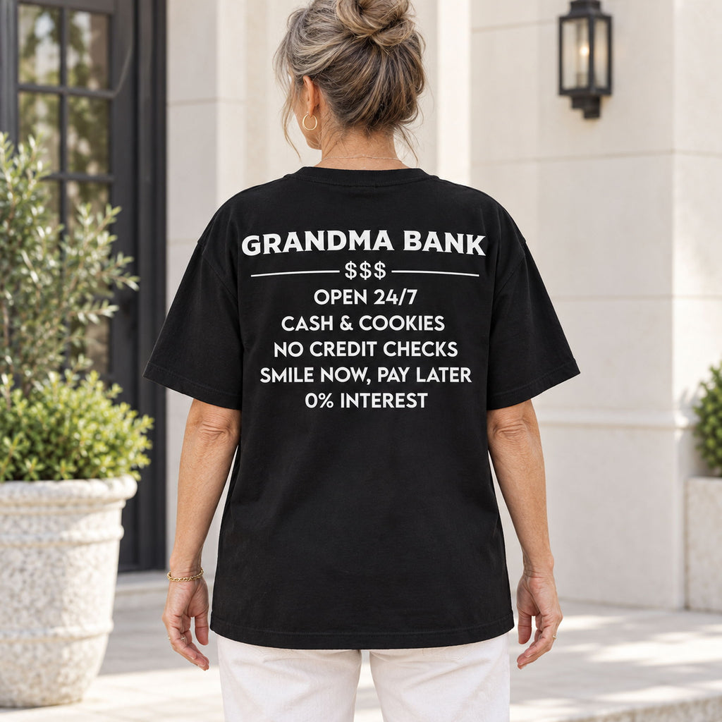 Black graphic tee back adult model with Grandma Bank lettering design