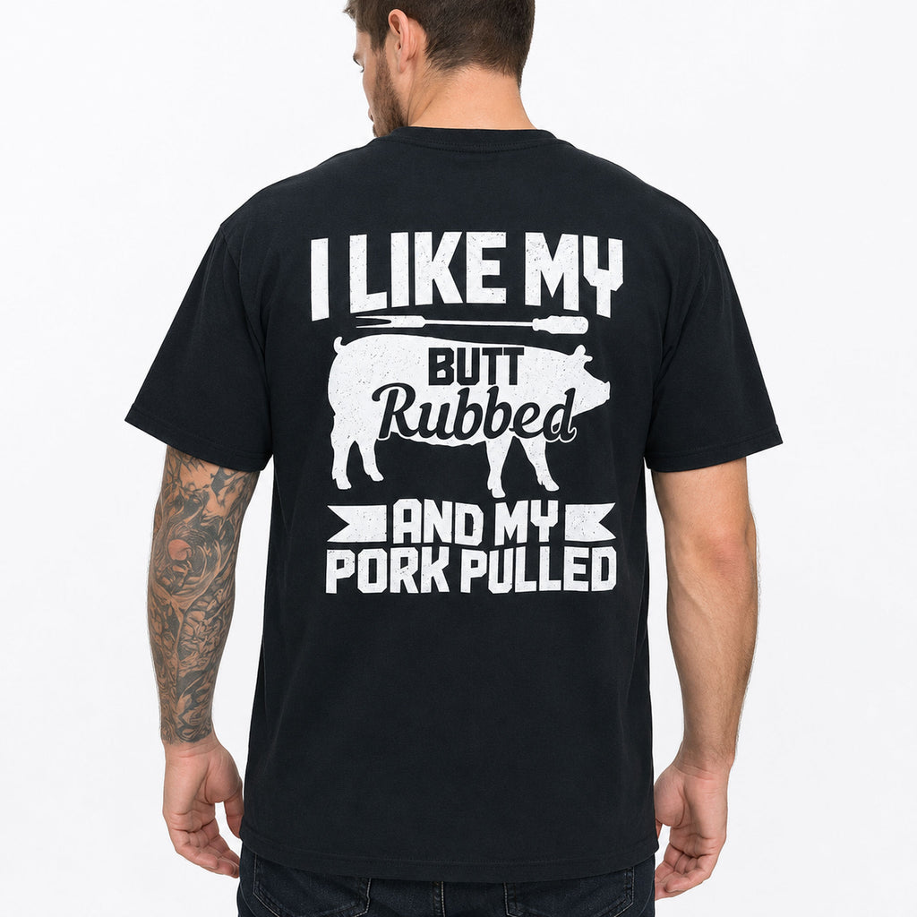 I Like My Butt Rubbed BBQ graphic tee black back print male model